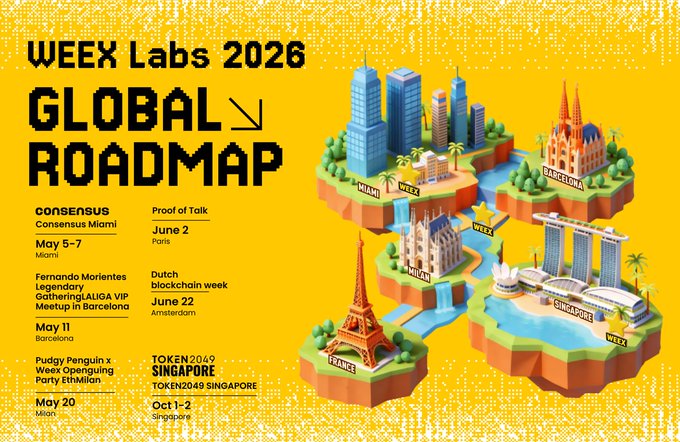 The image features a poster for the global roadmap event organized by WEEX Labs, which was held at the Weex Lab in Madrid from May 5-7, 2016. The poster displays an illustration of various cities around the world connected by roads, symbolizing the concept of a global road map. There are also text elements on the poster that provide information about the event and its prizes.