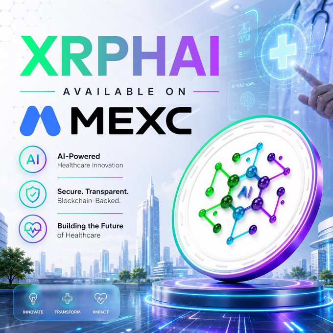 A promotional graphic announcing 'XRPHAI AVAILABLE ON MEXC,' highlighting AI-powered healthcare innovation, blockchain security, and the future of healthcare.