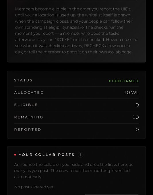 A dark-themed app interface showing a confirmed whitelist allocation status with 10 WL allocated, 0 eligible, 10 remaining, and 0 reported, along with a section for 'YOUR COLLAB POSTS' indicating no posts shared yet.