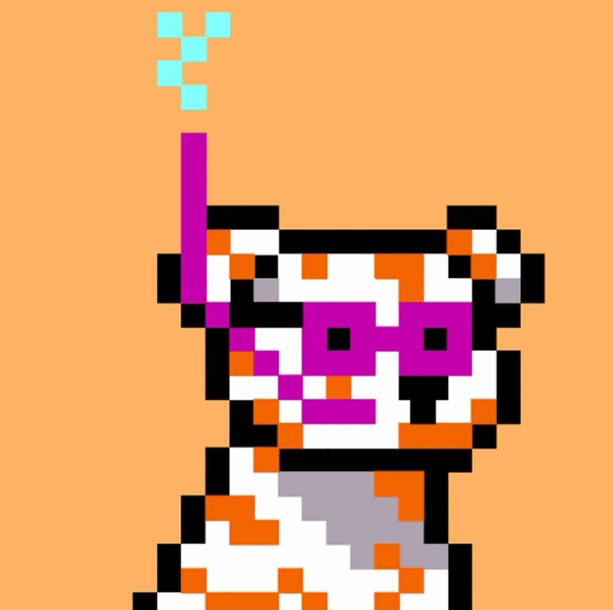 Pixel art depicting a character with a white and orange tiger-striped face, pink sunglasses, and a pink headpiece against an orange background.
