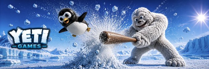 A banner for the Solana token "YETI" by YETI Games features an animated cartoon yeti swinging a baseball bat at an exploding ball of snow, with a small penguin jumping in surprise, set against a bright arctic landscape. The "YETI GAMES" logo appears on the left, matching the playful, icy theme of the newly added banner for the $YETI token on Moby.