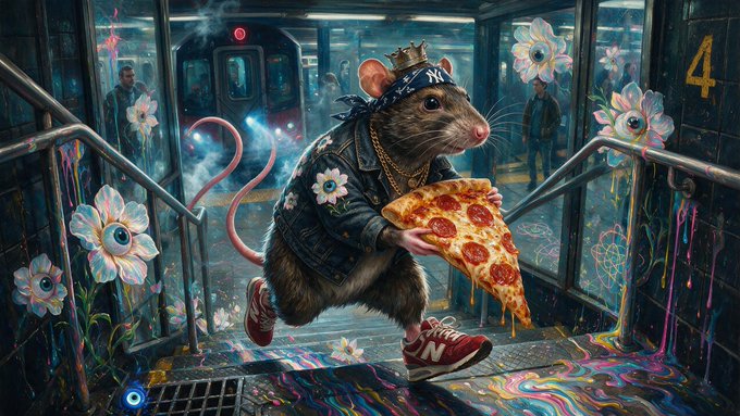 A vibrant digital artwork depicts an anthropomorphic rat dressed in a studded denim jacket, gold chain, crown, and red sneakers, running down subway stairs while holding a large slice of pepperoni pizza, surrounded by surreal eyeball-flowers and graffiti.