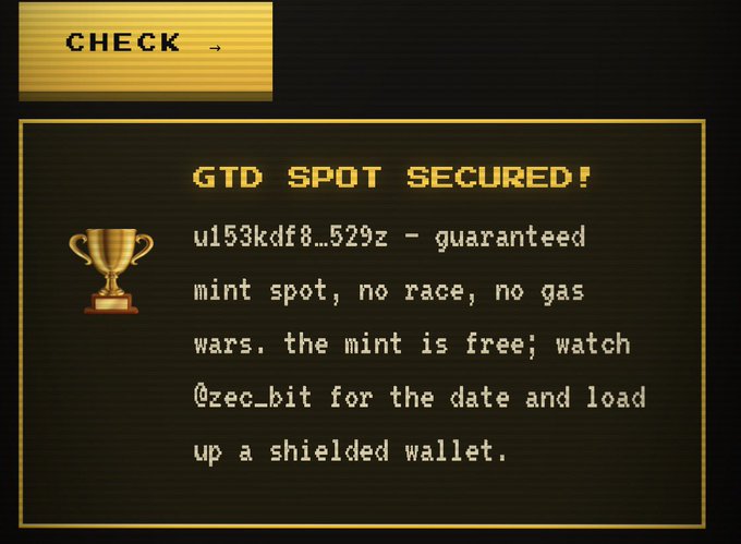 A retro pixel-art style graphic announcing 'GTD SPOT SECURED!' with a trophy icon, mentioning a guaranteed mint spot at u153kdf8...529z.