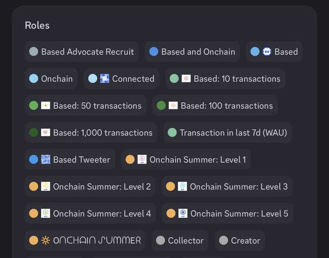 The image presents a list of ROLE options for users participating in Bitcoin Core communities or Discord servers organized by categories such as "Based Advocate Recruit", "Onchain Chain", "Based: 1000 transactions", "Based: 10 transactions in last 3 days WAVU" and others, grouped under the sections of "Based on connections", "Based on blockchain", and other related items. The context suggests that this might be a list of roles or activities to achieve specific goals within a Bitcoin Core community or a Discord server setting.