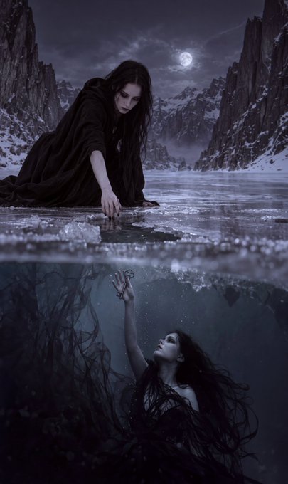 A dark fantasy illustration depicting a woman in black reaching down from a frozen surface to touch hands with another woman submerged underwater beneath the ice, set against a moonlit mountain landscape.