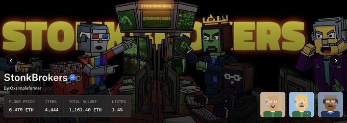 A pixel art graphic for an NFT collection called 'StonkBrokers' shows blocky characters in a stock trading environment, with stats listed below including a floor price of 6.479 ETH.