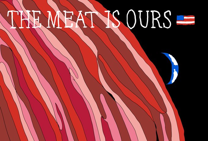 An illustration with the text 'THE MEAT IS OURS' displayed alongside US and Puerto Rican flag emojis, set against a background of red, fleshy, flowing textures.