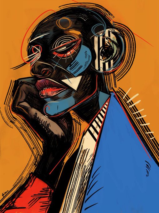 "GM" stands for "Greatest Masterpiece", which suggests that the image might be a part of an art exhibition or collection showcasing the work of a renowned artist. The artwork features a black woman with striking features, including large eyes and a mouth filled with teeth, as well as a blue shirt adorned with stripes. The painting is done in an impressionistic style, characterized by bold colors and loose brushstrokes that create a sense of movement and energy.