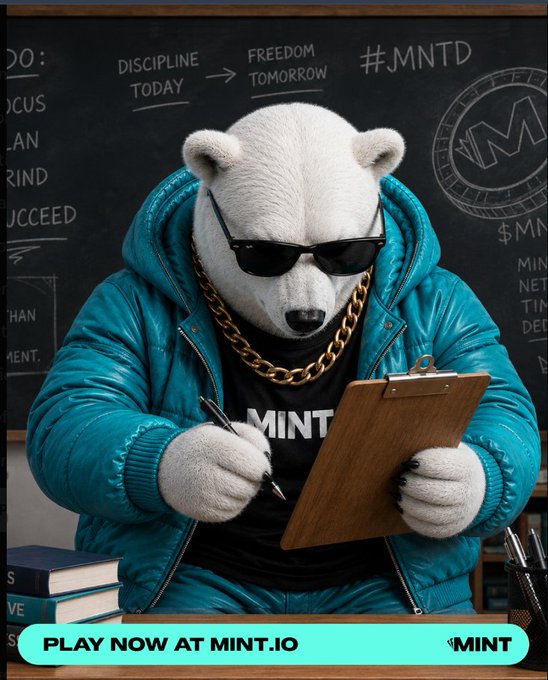 The image features a polar bear wearing sunglasses and a teal puffer jacket, sporting a gold chain necklace, and writing on a clipboard with "MINT" displayed on its shirt. The background includes motivational chalkboard text like "DISCIPLINE TODAY → FREEDOM TOMORROW" alongside "#MNTD" and "$MNT" branding, with a banner at the bottom reading "PLAY NOW AT MINT.IO." This visually represents the post's discussion of MintABear as an NFT collection tied to the broader MINT ecosystem, with the bear mascot embodying the cool, disciplined persona the post highlights.