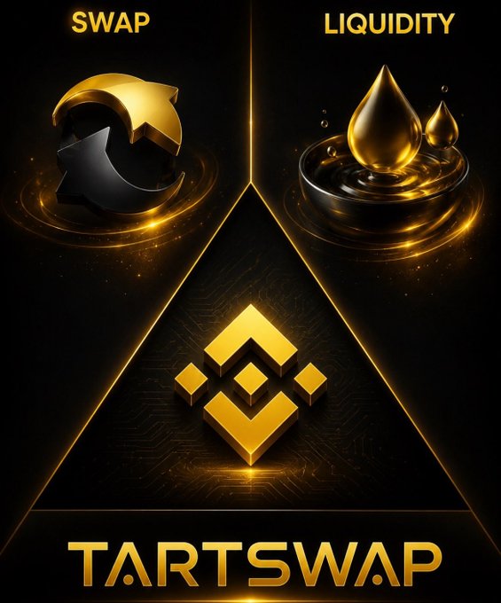 The image is a promotional graphic for **TARTSWAP**, featuring a sleek gold and black design split into two sections labeled **"SWAP"** (with a swirling exchange icon) and **"LIQUIDITY"** (with golden droplets), centered around the Binance logo. It visually reinforces the post's message of confidence in the $CREPE ecosystem, highlighting TARTSWAP's role as a swapping and liquidity platform to counter FUD.