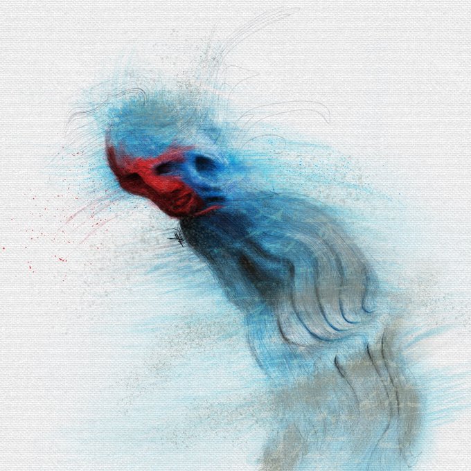 An abstract figure rendered in smudged blue and red pigment appears to dissolve into a hazy cloud, visually echoing the post's message of "good night web 3" by evoking a sense of fading away or signing off. The ghostly, fading form suggests a weary departure from the digital realm.
