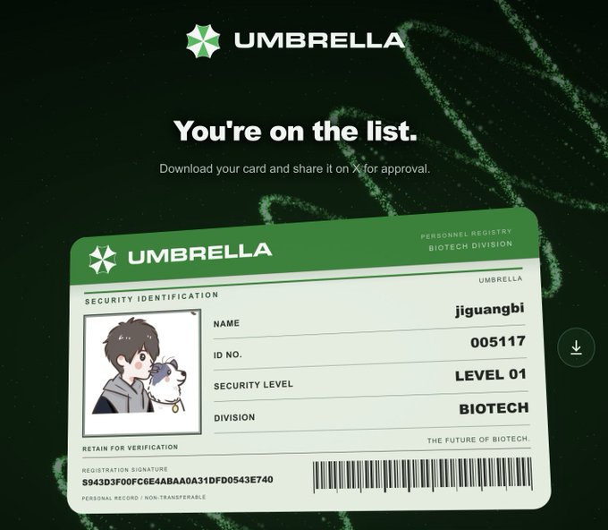 An UMBRELLA personnel registry ID card for 'jiguangbi' with ID 005117, Level 01, Biotech Division, featuring an anime-style avatar with a husky.