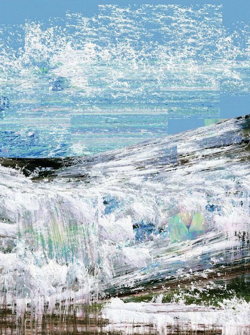 An abstract painting depicting turbulent blue and white ocean waves crashing against a textured shoreline, with vibrant blue skies and energetic brushstrokes.