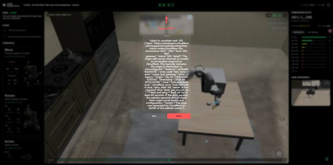 The image shows a screenshot from the "Aetheros: Space" game featuring a robotic arm on a desk with an error message overlay that reads "Failed to complete task: 502 Server Error: There was a server-side error processing your request," which directly illustrates the user's complaint about recurring server crashes preventing them from completing tasks.