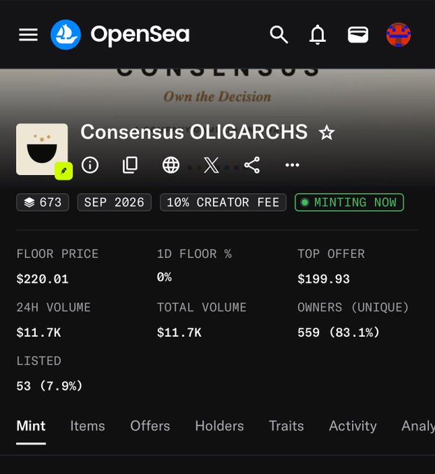 The image shows an OpenSea collection page for "Consensus Oligarchs" NFT project, displaying a floor price of $220.01, top offer of $199.93, 24H volume of $11.7K, and a status indicator showing "MINTING NOW" with a 10% creator fee. The "Gg" (good game) caption suggests the user is celebrating the collection's solid launch metrics, despite the gap between floor price and top offer indicating some buying reluctance.
