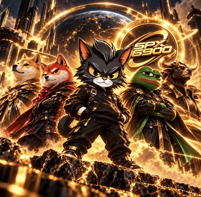 A dramatic, fiery digital artwork featuring stylized anthropomorphic animals including a cat, a dog, a Shiba Inu, and a frog, dressed in dark armor with 'SPX 6900' text in the background.