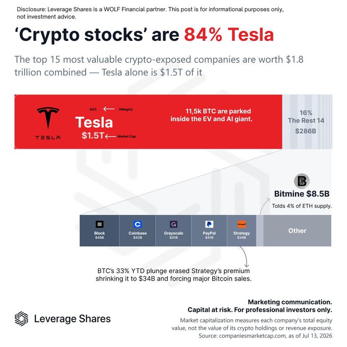 The infographic from Leverage Shares illustrates that Tesla ($TSLA) dominates the crypto-exposed company landscape at $1.5T market cap (84%), holding 11,500 BTC, while Bitmine ($BMNR) has risen to $8.5B with ~4% of ETH supply, alongside other notable holdings from Block, Coinbase, Grayscale, PayPal, and Strategy—directly visualizing the concentration of crypto market value among publicly traded companies.