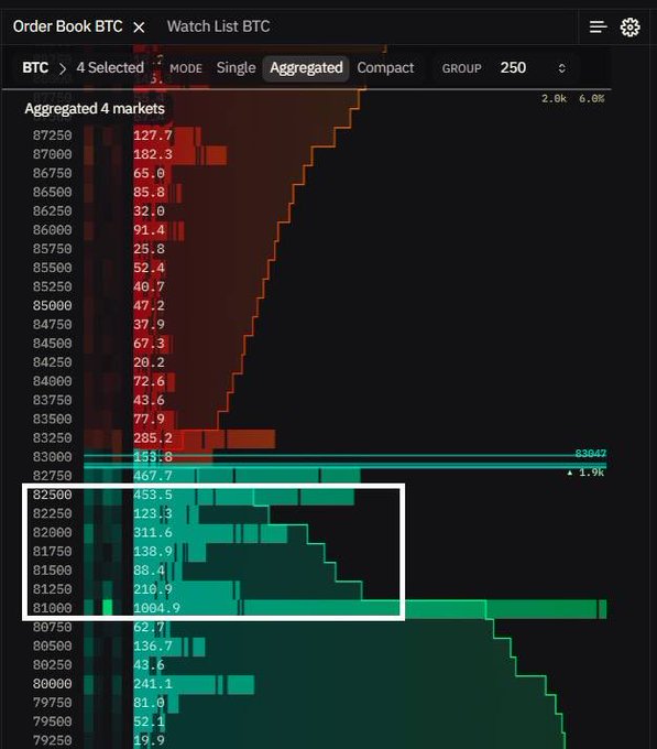 A BTC order book chart showing aggregated markets with significant buy orders highlighted in a white box between the 81,000-82,500 price levels, while current price sits at 83,047.