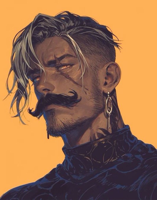 A digital illustration of a man with long blonde-streaked hair, a large curled mustache, and a dark patterned outfit against an orange background.