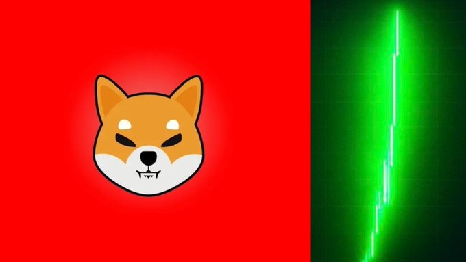 The image is split in two halves: the left side features the Shiba Inu dog logo on a red background representing the $SHIB cryptocurrency, while the right side displays a green candlestick chart with a sharp vertical price spike, visually illustrating the dramatic price surge implied by the rumored $1.5 billion buyback announcement.