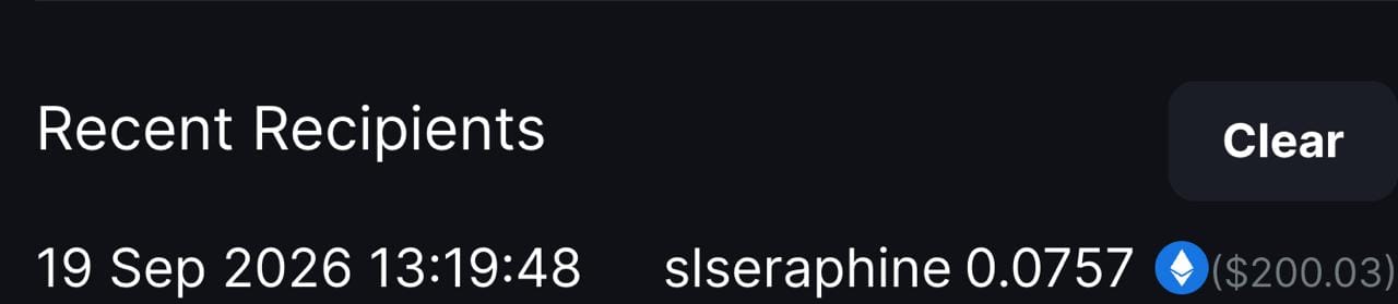 A dark-themed "Recent Recipients" interface displays a transaction entry showing 0.0757 ETH ($200.03) sent to "slseraphine" on 19 Sep 2026 at 13:19:48, with a "Clear" button on the right. This screenshot serves as visual proof of the $200 Ethereum payment referenced in the post, confirming the transaction was successfully sent to the recipient.