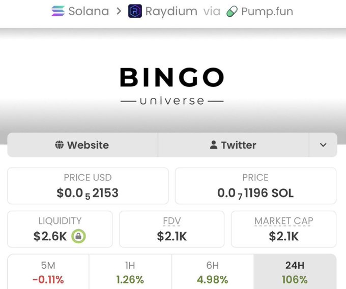 A crypto token webpage shows 'BINGO universe' on Solana via Raydium and Pump.fun, with a price of $0.02153 / 0.071196 SOL and a 24H change of 106%.