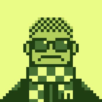A pixel art character wearing dark glasses and a checkered hat is rendered in a limited green color palette.