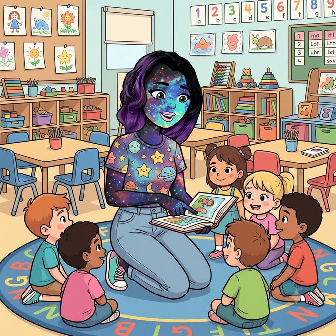 A cartoon illustration of a teacher with purple hair and cosmic/galaxy-patterned skin reading a book to a group of six young children sitting in a colorful classroom.