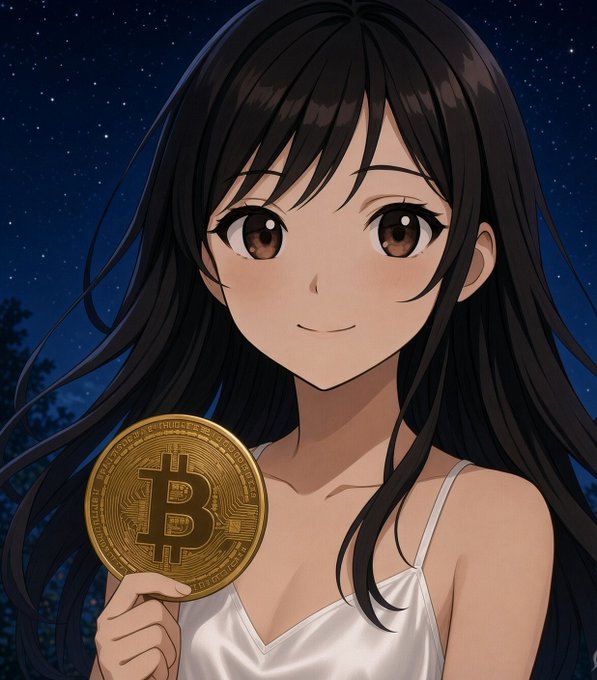 An anime-style illustration of a smiling young woman with long dark hair holding up a gold Bitcoin coin against a starry night sky background.