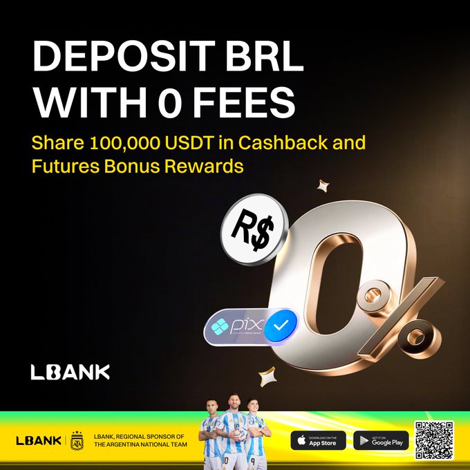 A promotional banner from LBank advertising fee-free BRL deposits via PIX, offering a shared pool of 100,000 USDT in cashback and futures bonus rewards, featuring Argentina national team players and download links for the App Store and Google Play.