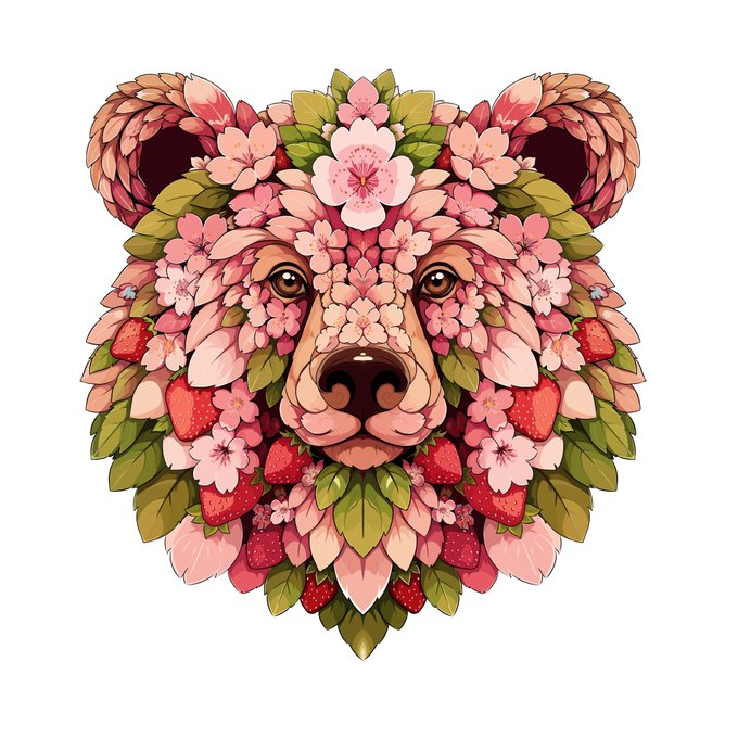 A colorful digital illustration of a bear's face composed entirely of pink flowers, green leaves, and red strawberries.