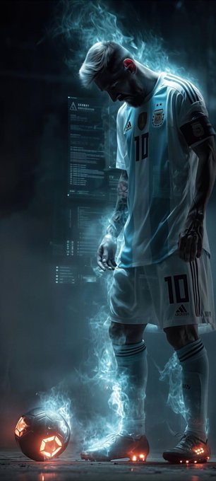 A stylized digital artwork of soccer player Lionel Messi in Argentina's #10 jersey, looking down at a glowing futuristic soccer ball surrounded by blue smoke effects in a dark stadium setting.