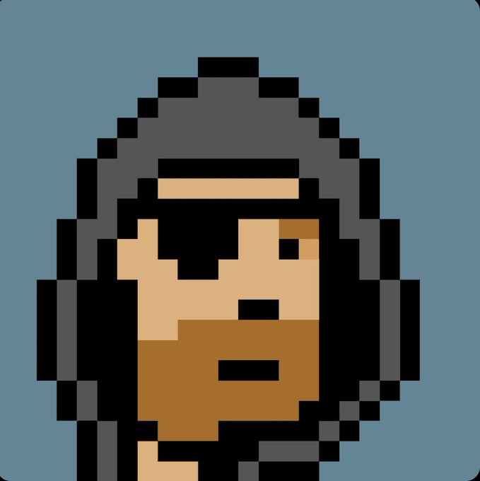 A pixel art portrait of a hooded figure, resembling the iconic CryptoPunks NFT style, with a dark hood, beard, and neutral expression against a blue background—fitting the post's appreciation for watching CryptoPunks trade as an art form.