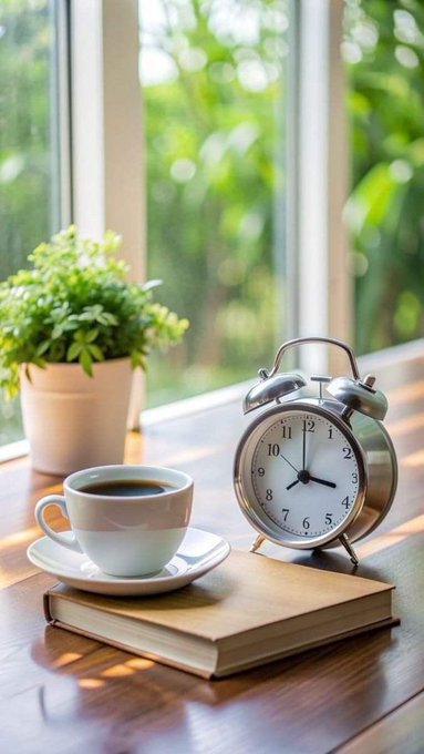 The image features a wooden table with an alarm clock sitting next to a cup of coffee and a book. The scene suggests a morning routine or a relaxing moment before starting the day, as indicated by the presence of the book and the warm beverage. The alarm clock is positioned on top of the book, indicating that it might be used for reading or studying while enjoying a cup of coffee. This combination creates an atmosphere of calmness and productivity, with the alarm clock serving as a reminder to wake up and start the day.
