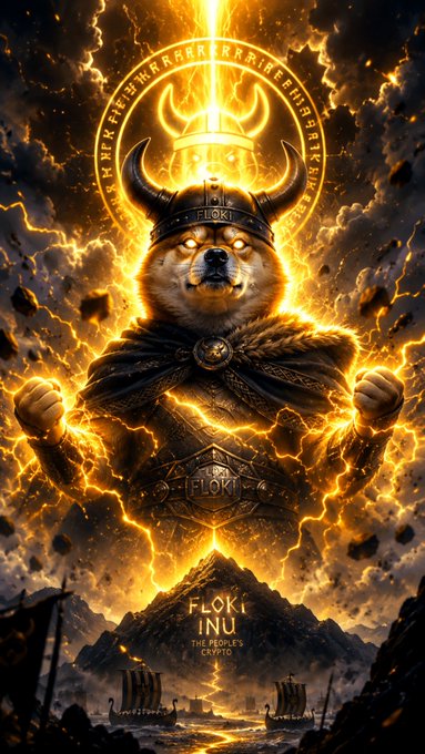 A promotional graphic for 'FLOKI INU - THE PEOPLE'S CRYPTO' featuring a fierce dog wearing a horned Viking helmet, set against a fiery, mythological backdrop with Viking ships.