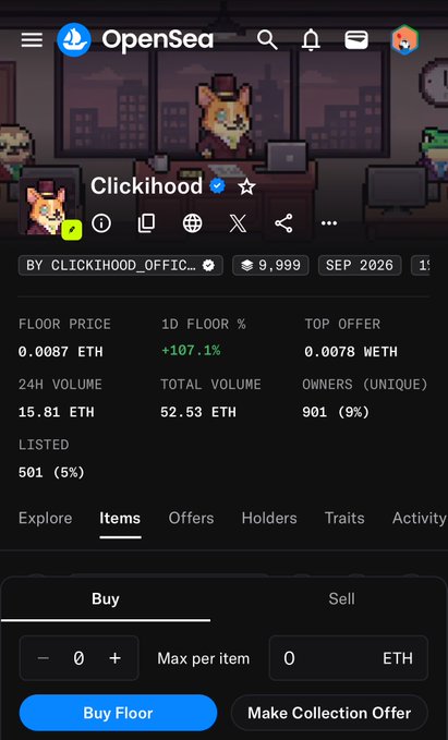 A screenshot of the OpenSea NFT marketplace showing the 'Clickihood' collection by CLIKIHOOD_OFFICIAL with a floor price of 0.0087 ETH, 9,999 supply, and 901 unique owners.