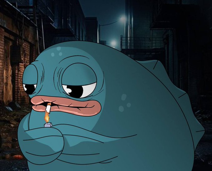 A cartoon illustration of a round, blue, grumpy-looking creature lighting a cigarette against the backdrop of a dark, moody alleyway.