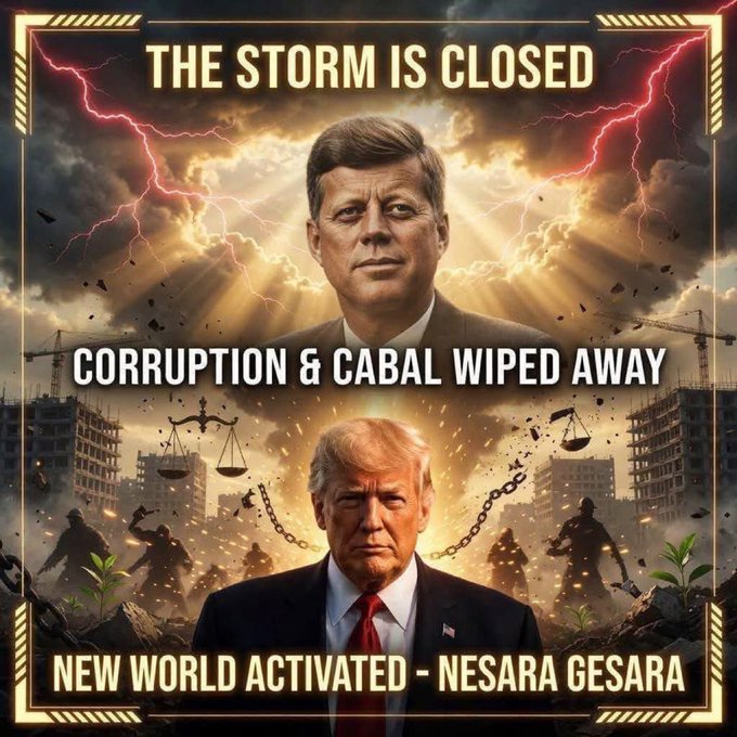 A conspiracy-themed graphic features images of John F. Kennedy and Donald Trump with text reading 'THE STORM IS CLOSED,' 'CORRUPTION & CABAL WIPED AWAY,' and 'NEW WORLD ACTIVATED - NESARA GESARA.'