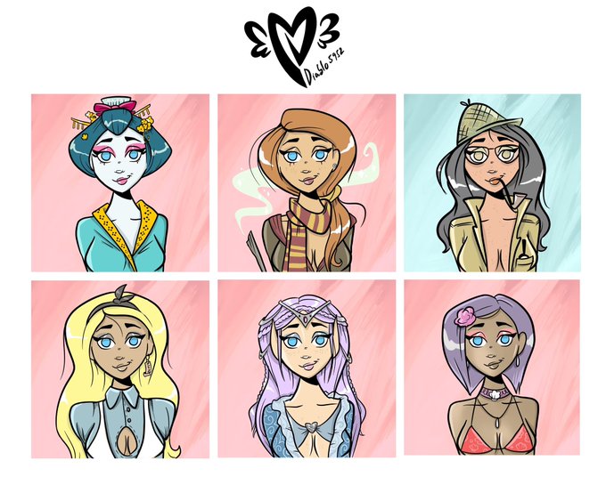 Six cartoon-style Disney princesses reimagined with modern outfits in individual panels under a heart logo with the text 'M3 Malecose' and 'Adventure' at the top.