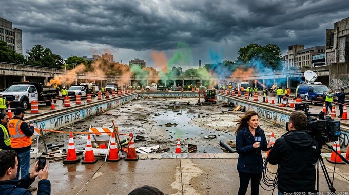 A scene of urban destruction shows a debris-filled roadway with orange traffic cones, colorful smoke clouds rising in the background, a news reporter speaking into a microphone, and a cameraman filming the aftermath.