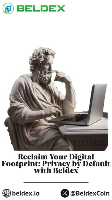 The image is a promotional graphic for Beldex featuring a classical marble statue of a bearded philosopher in a thinking pose, seated at a wooden desk while using a modern silver laptop—symbolically bridging ancient wisdom with modern digital privacy concerns. At the top, the Beldex logo appears in green, while the bold headline reads "Reclaim Your Digital Footprint: Privacy by Default with Beldex," reinforcing the post's theme about taking back control of personal data. The footer displays the website beldex.io and the Twitter/X handle @BeldexCoin, tying the visual to Beldex's privacy-focused blockchain ecosystem.