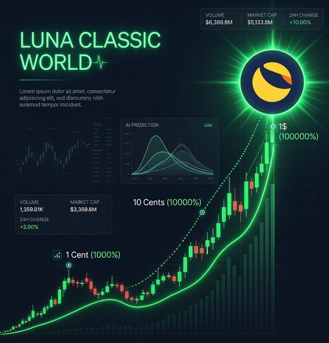 The image is a bullish price chart for **Luna Classic World ($LUNC)** projecting dramatic price targets of **1 Cent (1000%), 10 Cents (10000%), and $1 (100000%)**, showing a steep upward trajectory with current metrics of $6,389.8M volume and $5,133.8M market cap (+10.00% 24h change). This visualization reinforces the post's message of resilience and optimism, illustrating how $LUNC has survived past downturns and is positioned for exponential gains—the kind of asymmetric opportunity that "visionaries" accumulate while skeptics doubt.