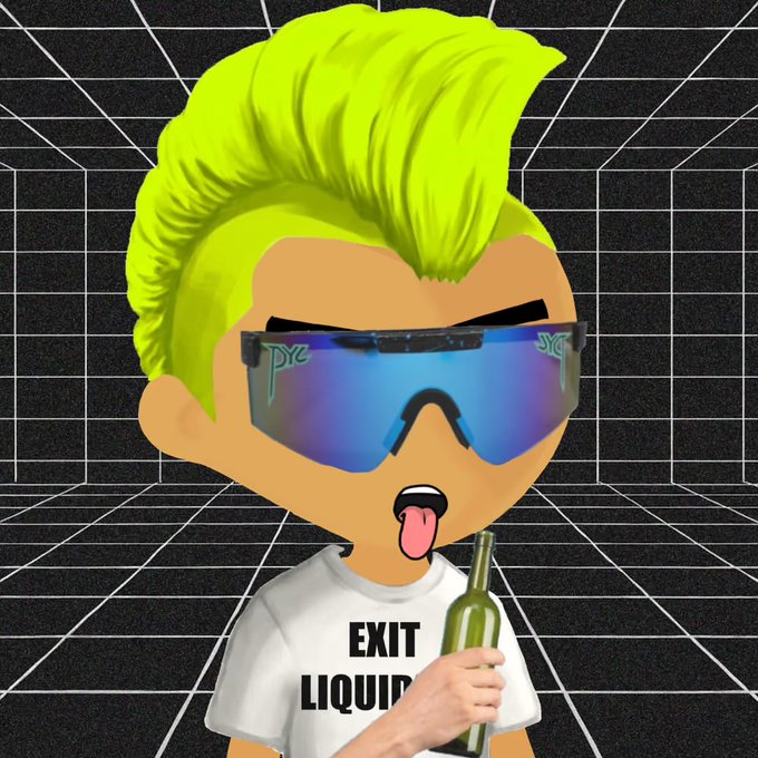 A cartoon avatar of a person with bright yellow hair and blue reflective sunglasses sticking out their tongue, wearing a white 'EXIT LIQUID' t-shirt and holding a wine bottle.