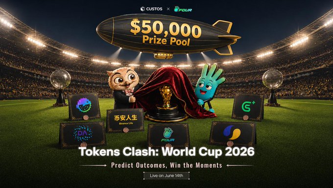 The image features a poster for an event called "Tokens Clash" that took place in June of 2006, which was held at a stadium. The poster includes various prizes such as a trophy pool, a gold trophy, and other items like a stuffed animal and a globe. There are also several people present on the poster, including a person holding a trophy and another person with a stuffed animal. The event is sponsored by BSC, BNB Chain, FourMeme, and DeAgentAI.