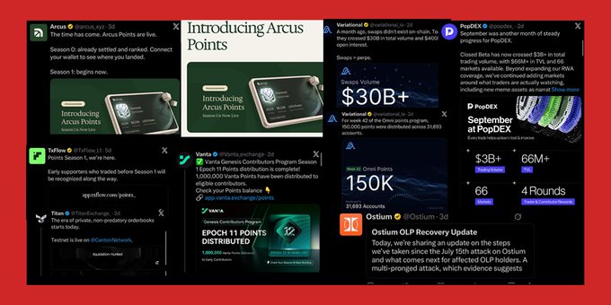 A collage of X/Twitter posts and project announcements showcasing crypto project milestones, including Arcus introducing Points, Sei Genesis Contributors Program, Variational's $30B+ milestone, Osium OLP Recovery, and TufTex Season 1, Tapx airdrops, and Vana EPOCH 11 Points Distributed.