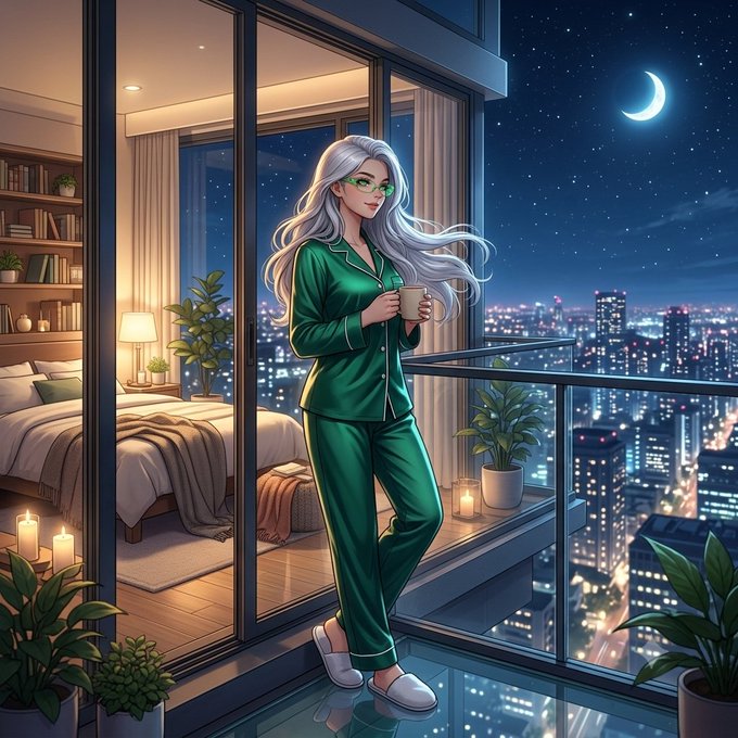 An anime-style illustration of a silver-haired woman in green silk pajamas and green glasses holding a mug on a high-rise balcony at night, with a crescent moon, city lights, and a bedroom visible behind her.