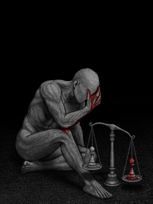 A dark, textured illustration shows a gaunt, faceless figure kneeling beside a scale, where a white chess pawn balances against a blood-stained red king.