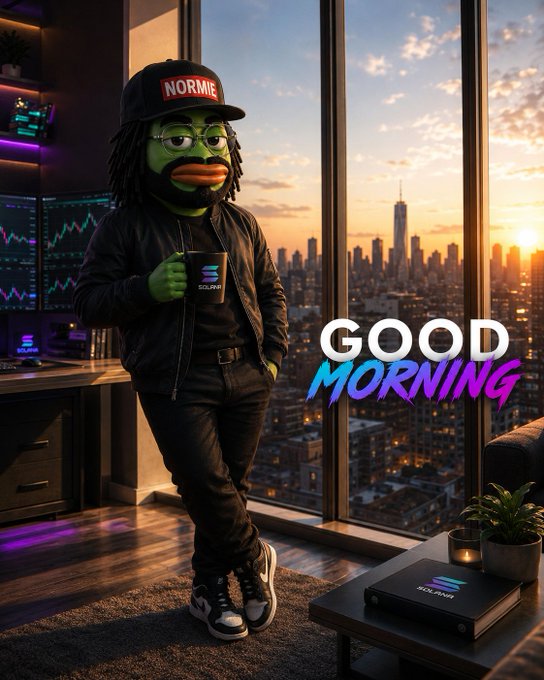 A green Pepe-style character wearing a "NORMIE" cap holds a coffee mug beside stock charts, with a sunrise cityscape behind him and "GOOD MORNING" displayed in colorful text. The image, paired with a post promoting the $Normie token, frames the meme character as a trustworthy crypto advocate greeting viewers during market hours.
