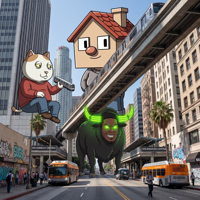 A whimsical, AI-generated cartoon depicting a giant house-headed figure, a flying cat holding a bus, and a horned bull creature walking down a city street with orange transit buses in Los Angeles.