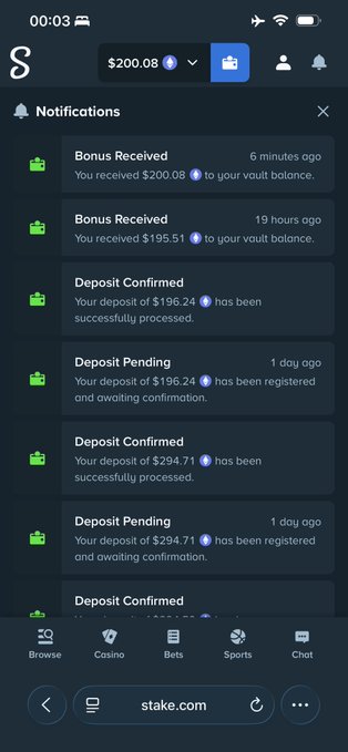 A screenshot of Stake.com's notifications page showing multiple "Bonus Received" and "Deposit Confirmed" alerts, including a recent $200.08 bonus and $195.51 bonus credited to the user's vault balance, supporting the post's claim of receiving a tip bonus.